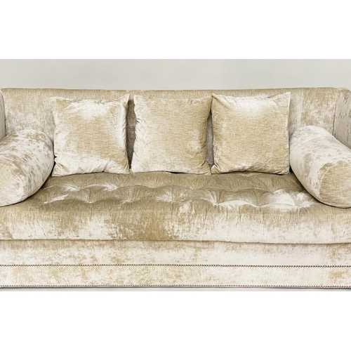 472 - SOFA, three seater, in soft chenille velvet with buttoned seat cushions bolstered scallop cushions a... 