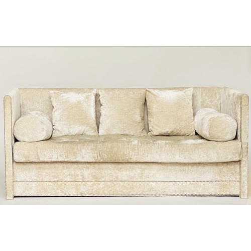 472 - SOFA, three seater, in soft chenille velvet with buttoned seat cushions bolstered scallop cushions a... 