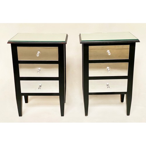 473 - BEDSIDE CHESTS, a pair, mirror clad each with three drawers, 46cm x 32cm x 70cm H. (2)