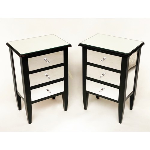 473 - BEDSIDE CHESTS, a pair, mirror clad each with three drawers, 46cm x 32cm x 70cm H. (2)