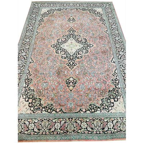 92 - FINE PURE SILK QUM DESIGN CARPET, 318cm x 215cm.