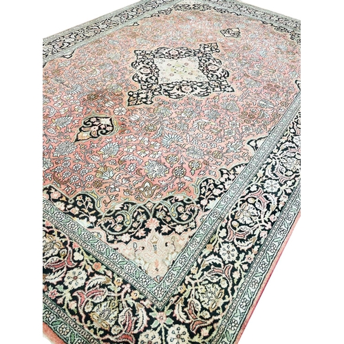 92 - FINE PURE SILK QUM DESIGN CARPET, 318cm x 215cm.