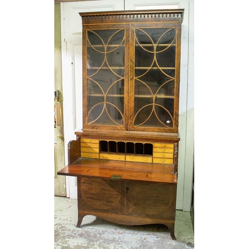 111 - SECRETAIRE BOOKCASE, 110cm W x 57cm D x 236cm, George III mahogany and tulipwood banded with glazed ... 