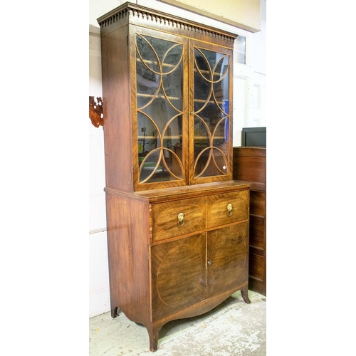 111 - SECRETAIRE BOOKCASE, 110cm W x 57cm D x 236cm, George III mahogany and tulipwood banded with glazed ... 