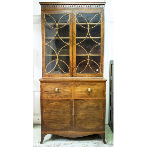 111 - SECRETAIRE BOOKCASE, 110cm W x 57cm D x 236cm, George III mahogany and tulipwood banded with glazed ... 