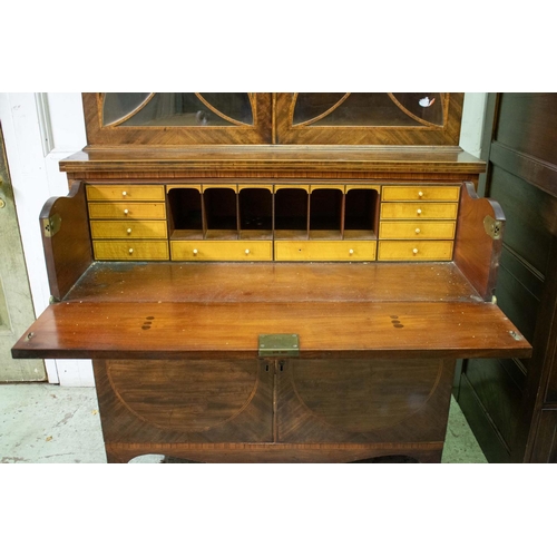 111 - SECRETAIRE BOOKCASE, 110cm W x 57cm D x 236cm, George III mahogany and tulipwood banded with glazed ... 