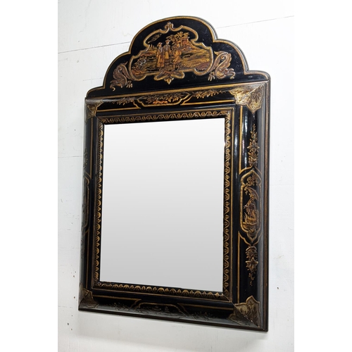 117 - WALL MIRROR, 65cm x 97cm H, circa 1900, with lacquered Chinoiserie frame with gilt detail.