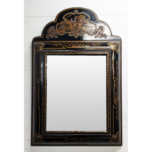 117 - WALL MIRROR, 65cm x 97cm H, circa 1900, with lacquered Chinoiserie frame with gilt detail.