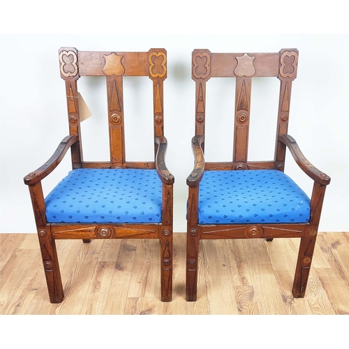 118 - OPEN ARMCHAIRS, a pair, each 56cm x 102cm H, Victorian Gothic revival walnut with blue drop in seats... 