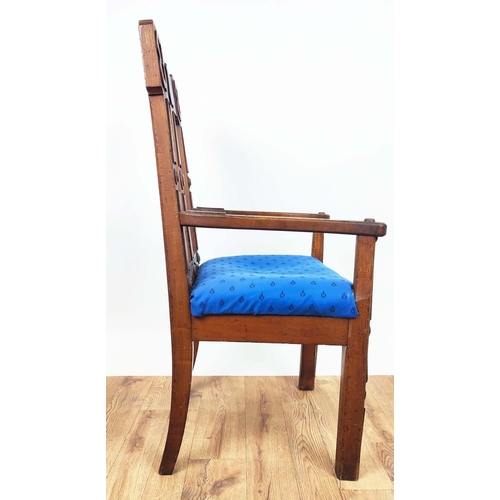 118 - OPEN ARMCHAIRS, a pair, each 56cm x 102cm H, Victorian Gothic revival walnut with blue drop in seats... 