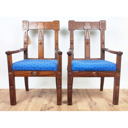 118 - OPEN ARMCHAIRS, a pair, each 56cm x 102cm H, Victorian Gothic revival walnut with blue drop in seats... 