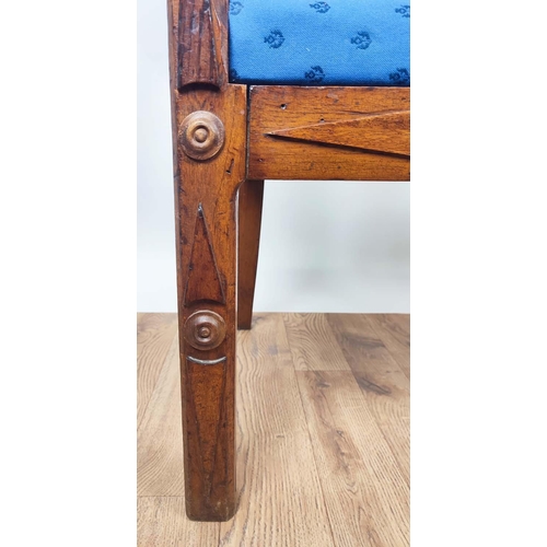 118 - OPEN ARMCHAIRS, a pair, each 56cm x 102cm H, Victorian Gothic revival walnut with blue drop in seats... 