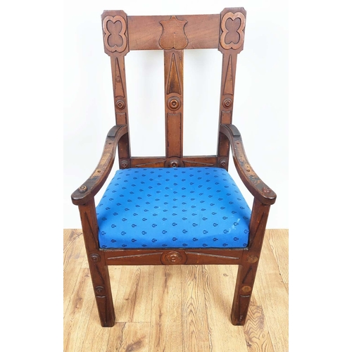 118 - OPEN ARMCHAIRS, a pair, each 56cm x 102cm H, Victorian Gothic revival walnut with blue drop in seats... 