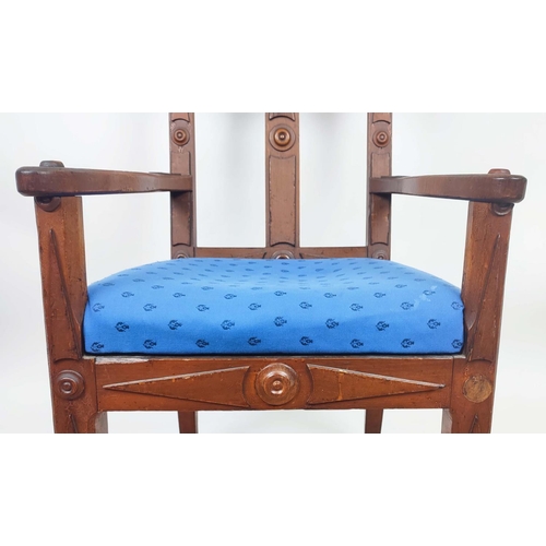 118 - OPEN ARMCHAIRS, a pair, each 56cm x 102cm H, Victorian Gothic revival walnut with blue drop in seats... 