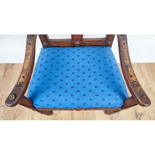 118 - OPEN ARMCHAIRS, a pair, each 56cm x 102cm H, Victorian Gothic revival walnut with blue drop in seats... 