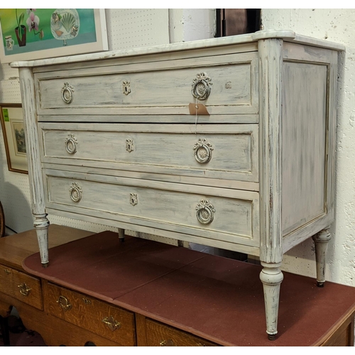 120 - COMMODE, 120cm W x 49cm D x 82cm H, Louis XVI style, with a white marble top over three drawers in a... 