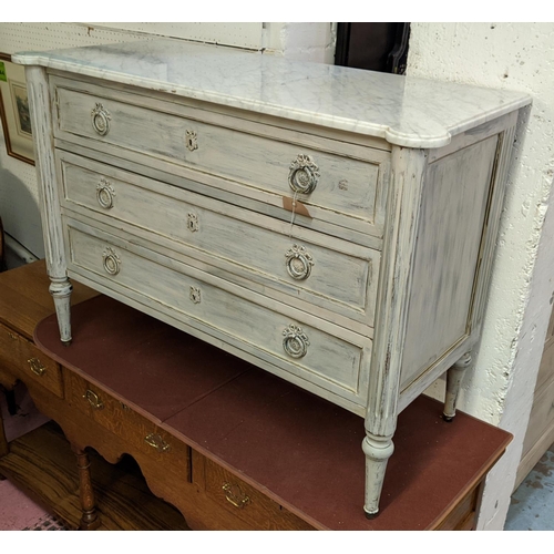 120 - COMMODE, 120cm W x 49cm D x 82cm H, Louis XVI style, with a white marble top over three drawers in a... 