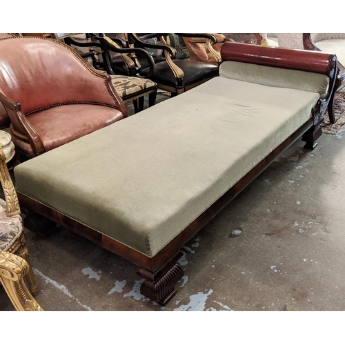 126 - DAYBED, 87cm W x 68cm H 200cm L, 19th century Continental mahogany and green plush.