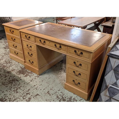 130 - PEDESTAL DESK, 138cm x 77cm x 81cm H, birds eye maple with an inlaid, reproduction brown leather wri... 