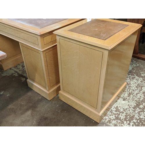 130 - PEDESTAL DESK, 138cm x 77cm x 81cm H, birds eye maple with an inlaid, reproduction brown leather wri... 