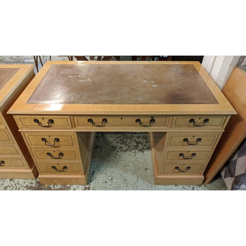 130 - PEDESTAL DESK, 138cm x 77cm x 81cm H, birds eye maple with an inlaid, reproduction brown leather wri... 