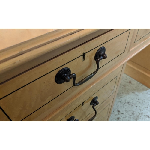 130 - PEDESTAL DESK, 138cm x 77cm x 81cm H, birds eye maple with an inlaid, reproduction brown leather wri... 