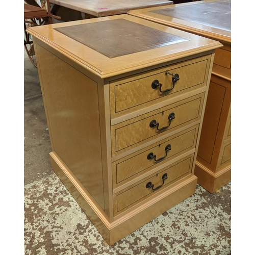 130 - PEDESTAL DESK, 138cm x 77cm x 81cm H, birds eye maple with an inlaid, reproduction brown leather wri... 