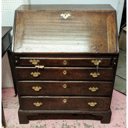 131 - BUREAU, George II, oak, circa 1750, the fall front opening to reveal fitted interior, over four long... 