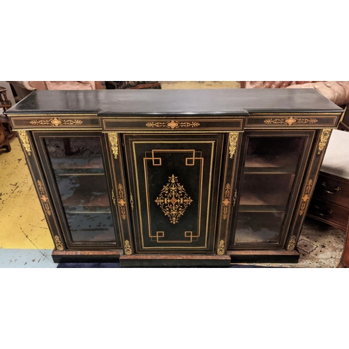 132 - CREDENZA, Victorian ebonised of breakfront form, 151cm W x 36cm D x 100cm H, with inlaid detail, met... 