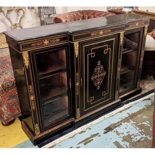 132 - CREDENZA, Victorian ebonised of breakfront form, 151cm W x 36cm D x 100cm H, with inlaid detail, met... 