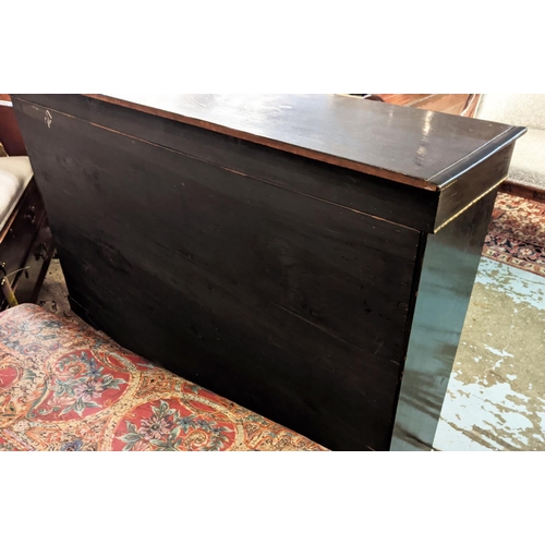 132 - CREDENZA, Victorian ebonised of breakfront form, 151cm W x 36cm D x 100cm H, with inlaid detail, met... 