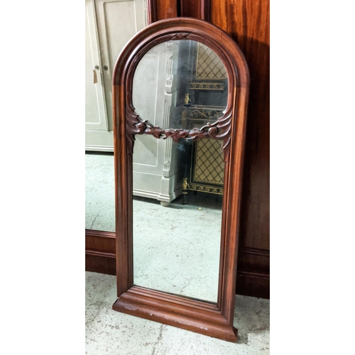 134 - ARCHED MIRROR, 51cm W x 136cm H, 19th century Continental mahogany with carved detail.