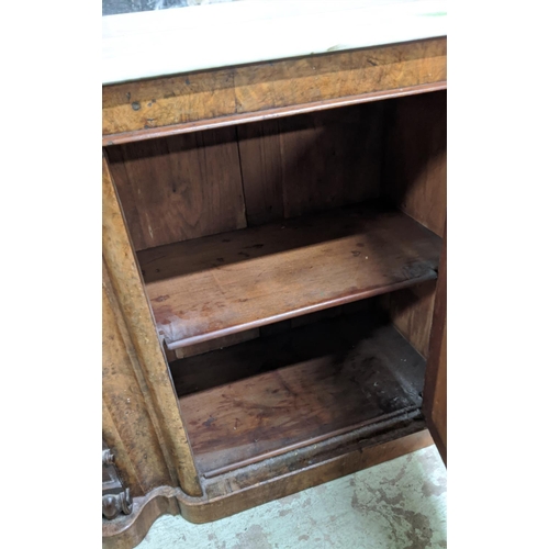 135 - MARBLE TOPPED CREDENZA, 47cm D x 167cm W x 235cm H, Victorian walnut with carved mirrored back and t... 