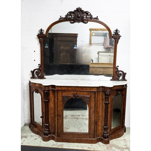 135 - MARBLE TOPPED CREDENZA, 47cm D x 167cm W x 235cm H, Victorian walnut with carved mirrored back and t... 