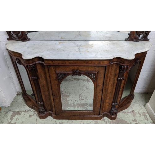 135 - MARBLE TOPPED CREDENZA, 47cm D x 167cm W x 235cm H, Victorian walnut with carved mirrored back and t... 