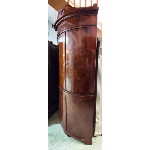 137 - CORNER CUPBOARD, 220cm H x 70cm D, 19th century Danish mahogany in two parts with four doors and int... 