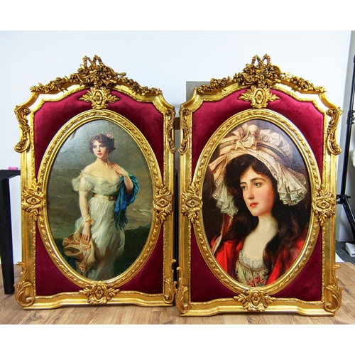 139 - ROMANTICISM PRINTS, a set of two, in gilt frames with red padded detail, 132cm x 82cm. (2)