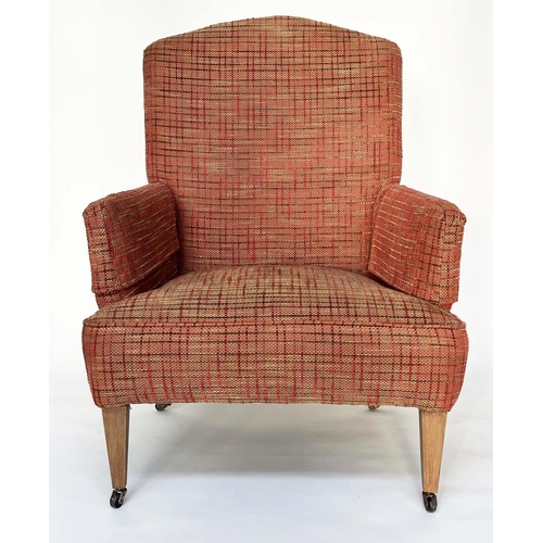 143 - ARMCHAIR, Edwardian oak framed with open weave linen upholstery, 72cm W.