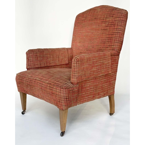 143 - ARMCHAIR, Edwardian oak framed with open weave linen upholstery, 72cm W.