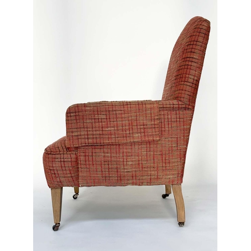 143 - ARMCHAIR, Edwardian oak framed with open weave linen upholstery, 72cm W.