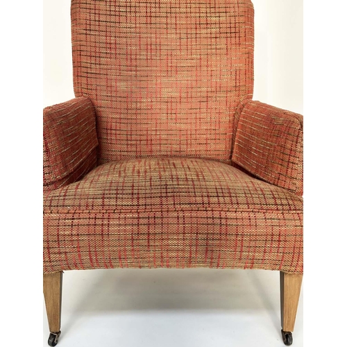 143 - ARMCHAIR, Edwardian oak framed with open weave linen upholstery, 72cm W.