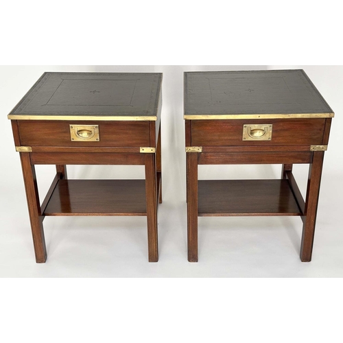 148 - LAMP TABLES, a pair, campaign style mahogany and brass bound each with gilt tooled green leather and... 