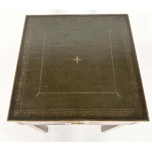 148 - LAMP TABLES, a pair, campaign style mahogany and brass bound each with gilt tooled green leather and... 