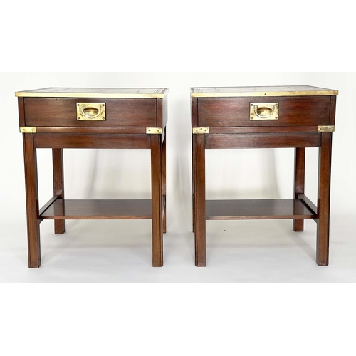 148 - LAMP TABLES, a pair, campaign style mahogany and brass bound each with gilt tooled green leather and... 