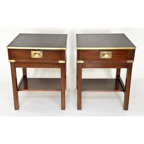 148 - LAMP TABLES, a pair, campaign style mahogany and brass bound each with gilt tooled green leather and... 