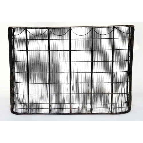 149 - NURSERY FENDER, Victorian wrought iron and mesh panelled with brass rail and arch detail, 93cm W x 6... 