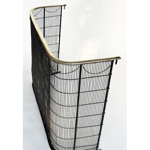 149 - NURSERY FENDER, Victorian wrought iron and mesh panelled with brass rail and arch detail, 93cm W x 6... 