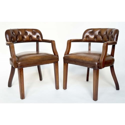 151 - ARMCHAIRS, a pair, mahogany and deep buttoned mid brown natural leather upholstered with curved back... 