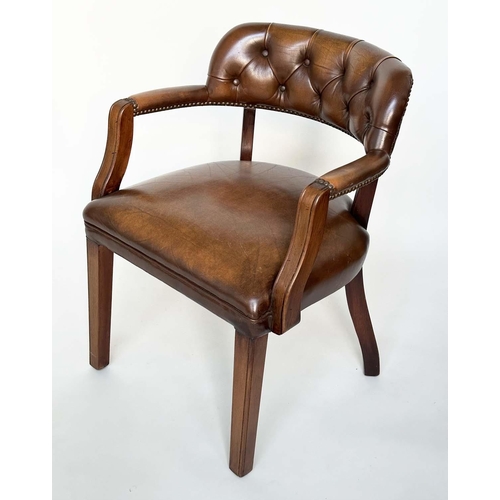 151 - ARMCHAIRS, a pair, mahogany and deep buttoned mid brown natural leather upholstered with curved back... 