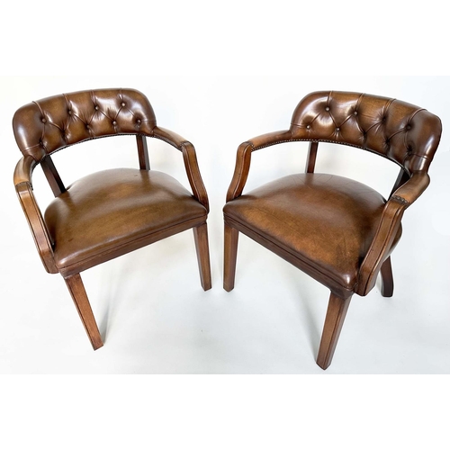 151 - ARMCHAIRS, a pair, mahogany and deep buttoned mid brown natural leather upholstered with curved back... 